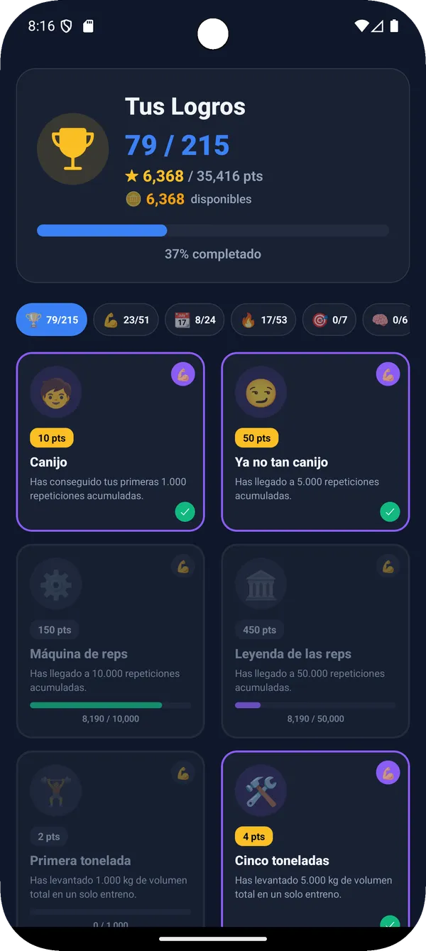Pantalla de logros y racha del atleta en la app de TotalGains