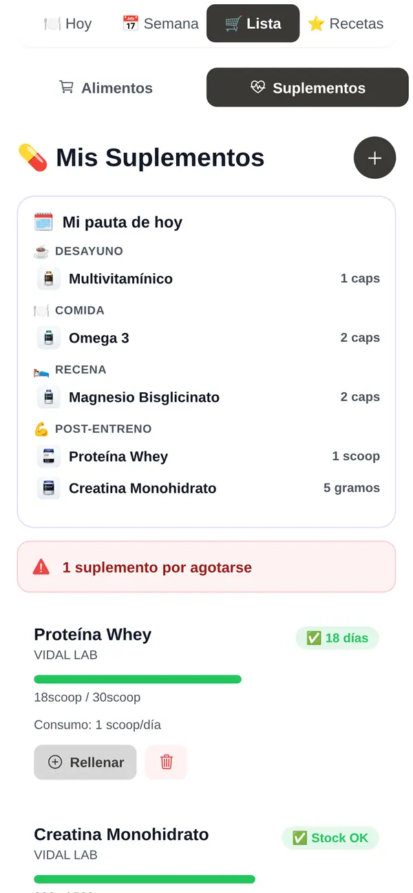 Pauta de suplementos del día en la app del atleta, con los días que le quedan de cada bote