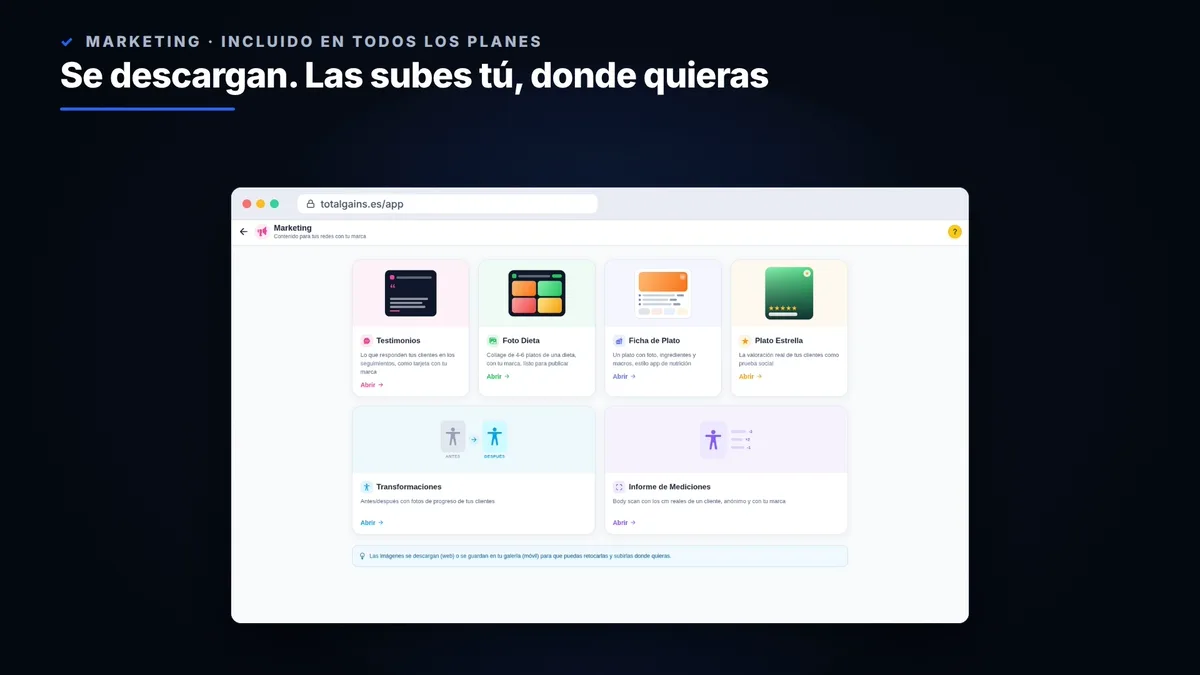 Estudio de marketing del entrenador: testimonios, collage de dieta, ficha de plato e informe de mediciones, todo con su marca