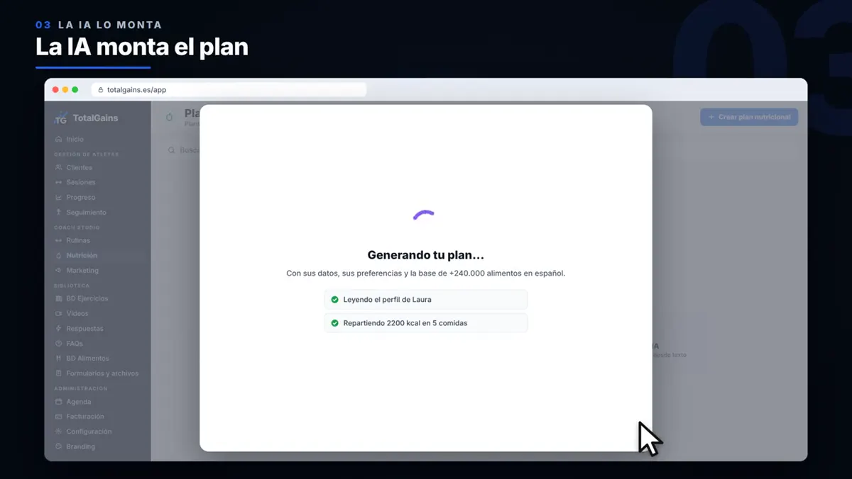 Creación de una dieta con IA en el panel del entrenador