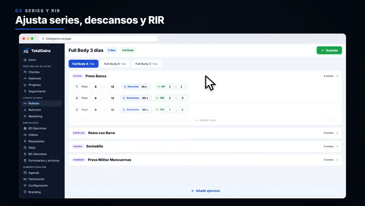 Creación de una rutina en el panel del entrenador de TotalGains